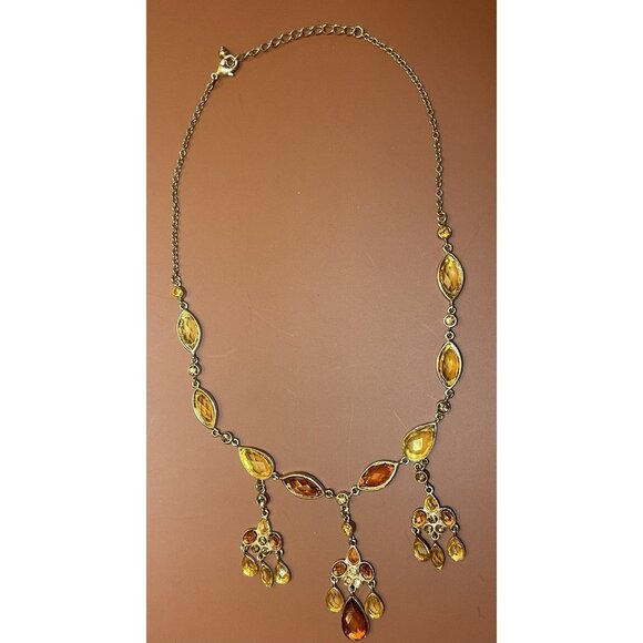 Boho Necklace Colored Rhinestones Gold Tone With Brown Amber Accents - Picture 3 of 4